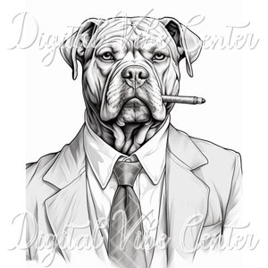 Boss Dog Coloring Page Printable Adult Coloring Book Stress Relief animal in suit Pet Dog illustration animal coloring page fantasy coloring