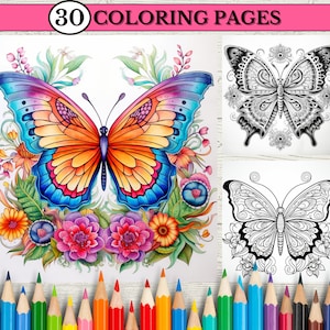 Butterfly Coloring Pages for Adult and Kids, Butterfly Mandala Grayscale Coloring Book, Nature Inspired Art, Stress Relief, Printable PDF