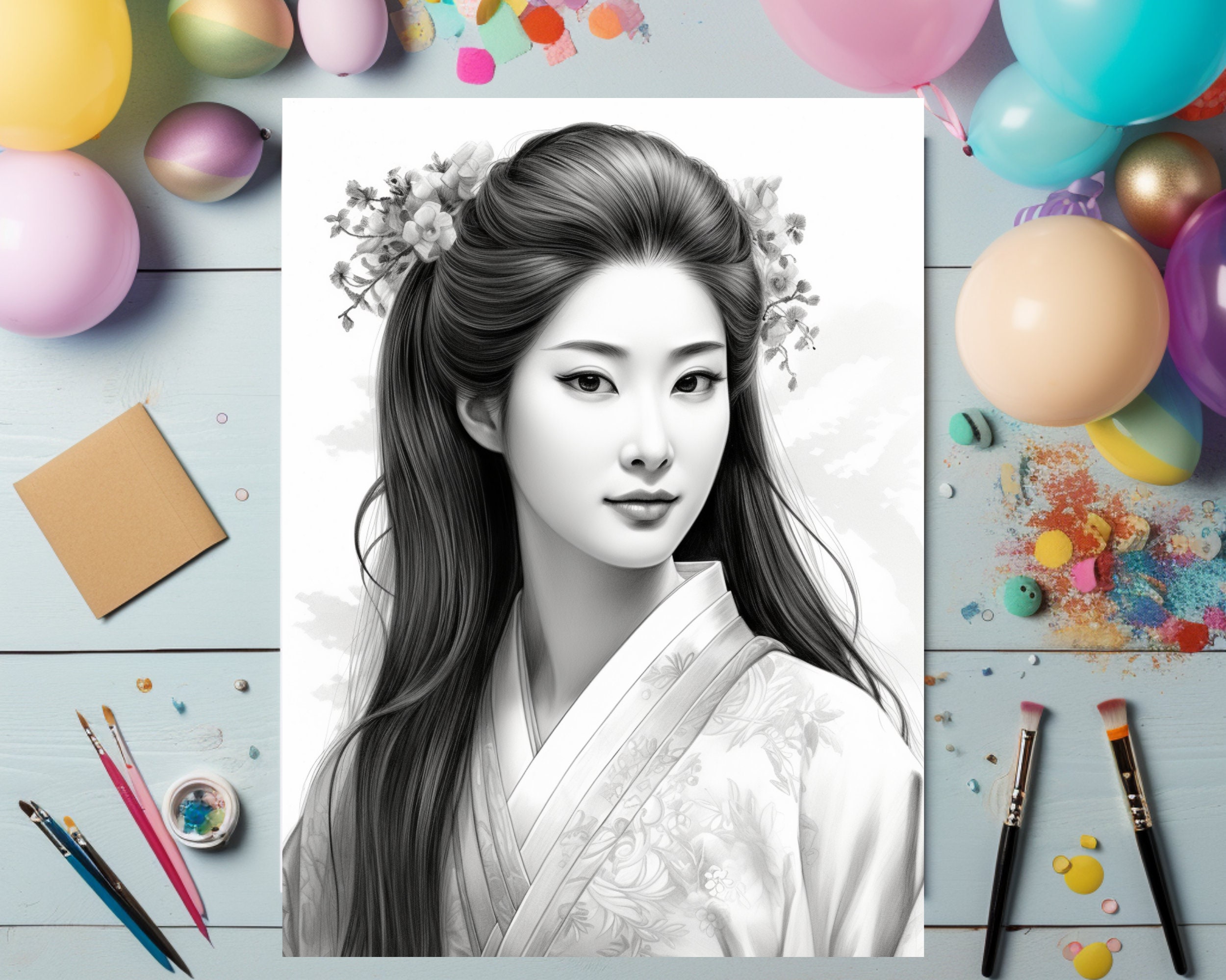 Japanese Princess Coloring Pages for Adults, Japan Queen Coloring Book