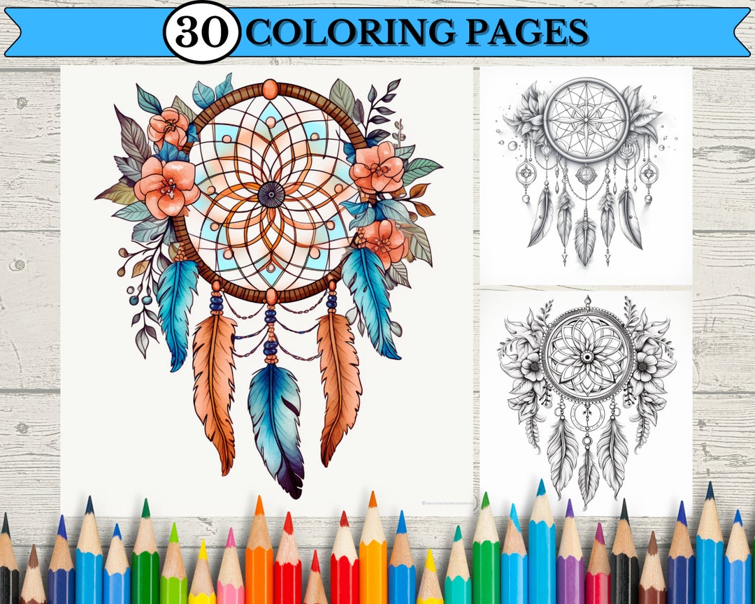 Dream Catchers Coloring Pages for Adults Kids Grayscale Coloring Book ...