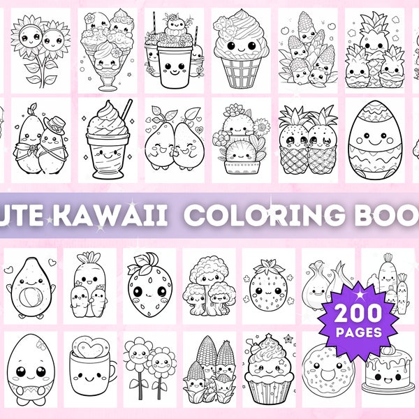 Plus de 200 pages à colorier kawaii pour enfants, pages à colorier mignonnes, livre de coloriage imprimable, livre de coloriages faciles et rigolos, kawaii couleur PDF