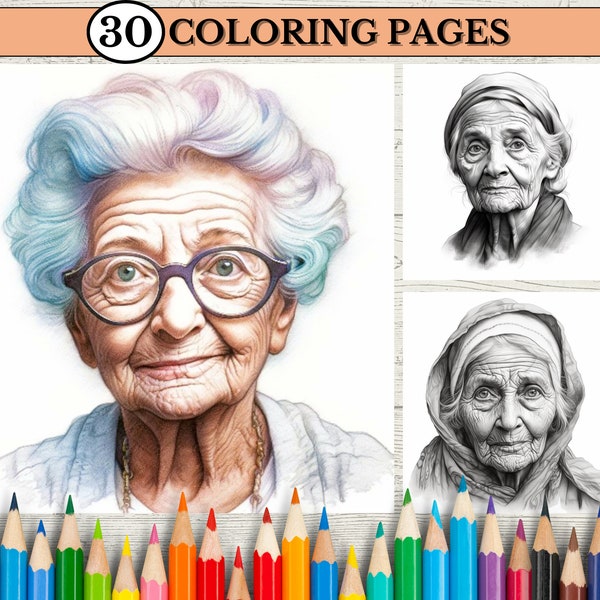 30 Old People Coloring Pages For Adults, Printable Adult Grayscale Coloring Pages, Woman Portrait, Grayscale, Pencil Drawing Coloring Book