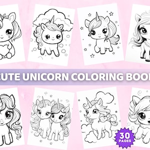 Niedliche Einhorn Malseiten für Kinder, Kawaii Einhorn Malbuch, druckbare Einhorn Malvorlagen für Mädchen, Cartoon Easy Einhörner