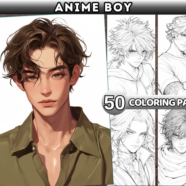 Anime Boy Coloring Book for adults Manga Anime Coloring Pages Anime Man Printable Coloring pages Handsome Male portrait PDF