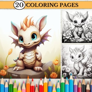 20 Baby Dragon Fantasy Coloring Pages for Adults and Kids, Grayscale Coloring Page, Printable PDF, Dragons coloring book, Flowers