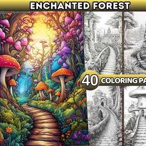 Enchanted Forest Coloring Book for Adults Printable Magical Forest Coloring Pages Fantasy Grayscale Coloring Book Digital Coloring Book PDF