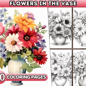 30 Flowers Coloring Pages For Adults Kids Grayscale Coloring Book Botanical Flower Vase Bouquets Printable Coloring Sheets PDF