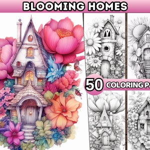 50 Blooming Fairy Houses Coloring Pages Adults kids Grayscale Coloring Book Printable PDF Flower Fantasy Homes Fairy House Coloring Sheets