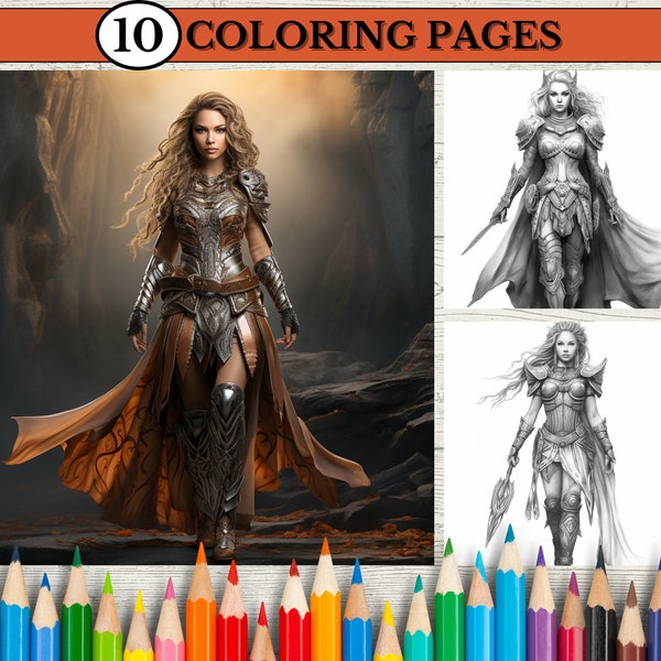 10 Warrior Woman Coloring Book Pages for Adult & Kids, Strong Woman Warrior Coloring Pages ,Grayscale Coloring Book for Adult, Printable PDF