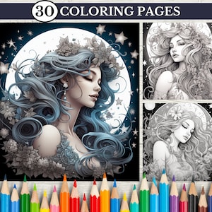 Coloring Pages Adults, Printable Adult and Kids Coloring Pages for Adults Moon and Stars Art Coloring Pages, Fairy Portraits, Femme coloring