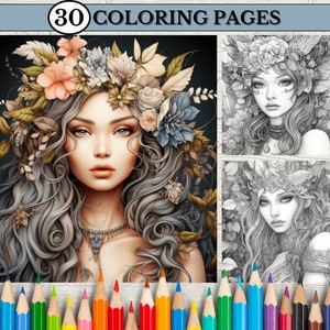 Coloring Pages for Adults and for Kids Fairy Coloring Pages Grayscale Coloring Book, Femme Coloring Pages, Printable PDF instant download