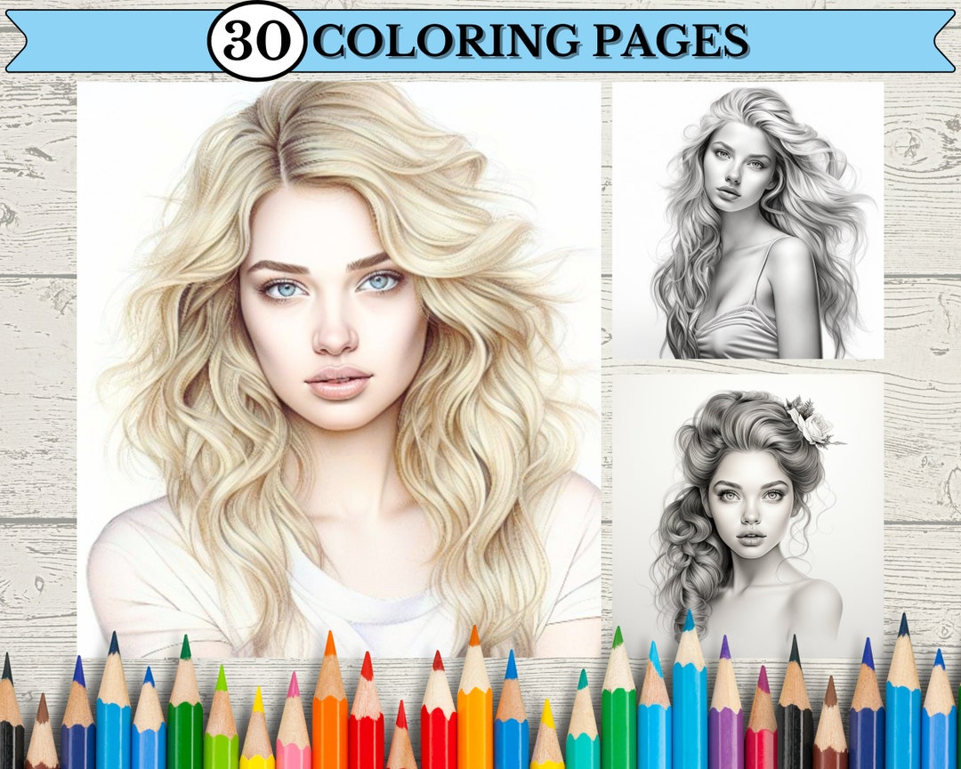 Coloring Page for Adults Realistic Beautiful Woman Portrait Grayscale ...