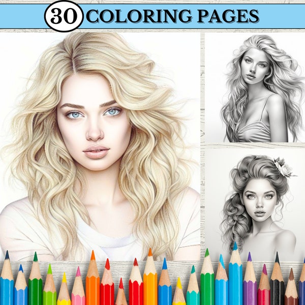 Coloring Page for Adults Realistic Beautiful Woman Portrait Grayscale Coloring Page Women Coloring Book Instant Download PDF Femme, Female