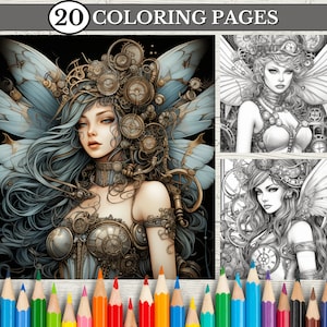 Steampunk Fairy Coloring Pages Adults, Printable Adult, Coloring Pages for Adults, Femme Coloring Book, Fantasy Coloring, Fairy Portraits