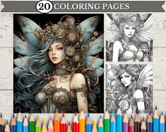 Steampunk Fairy Coloring Pages Adults, Printable Adult, Coloring Pages for Adults, Femme Coloring Book, Fantasy Coloring, Fairy Portraits
