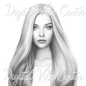 大人のためのプレミアムぬり絵ページ 印刷可能な女性用ぬり絵ページブック 美しいストレートヘアの女性 即時ダウンロード グレースケールのイラスト