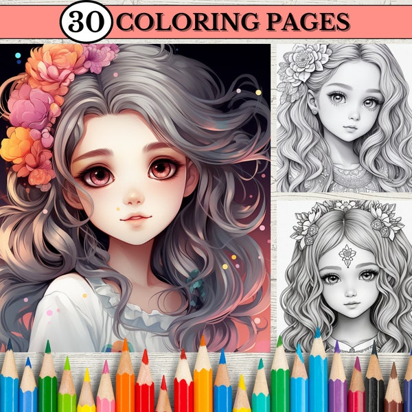 Coloring Page For Adult Anime Little Girl Portrait Printable Coloring Book Grayscale Coloring Pages Femme Coloring Pages Pdf