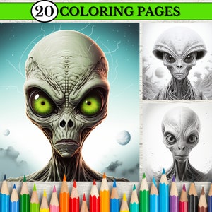 20 Alien Coloring Pages For Adults & Kids, Fantasy Alien Grayscale Coloring Book, Sci-Fi Coloring Book Pages, Printable PDF