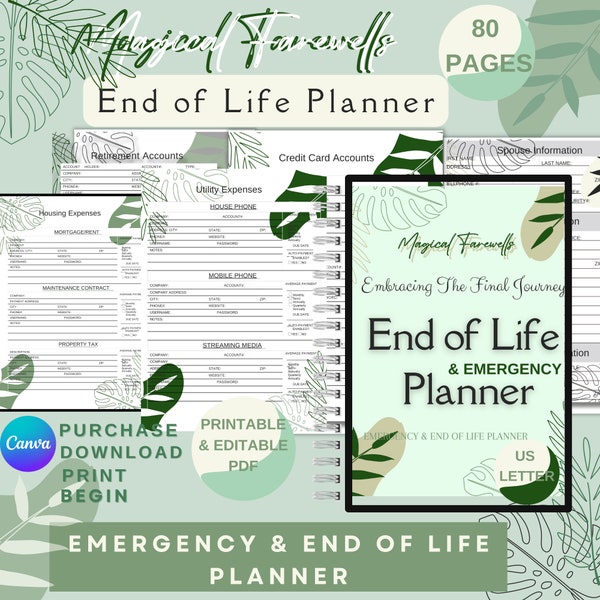 End of Life & Emergency Planner Editable and Printable, Final Family Wishes Organzer PDF, Just In Case Plan For Medical, Funeral and Death