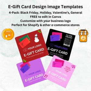 Paquete de 4 tarjetas de regalo electrónicas para empresas Diseño digital Plantilla de Canva editable, Imagen de tarjeta de regalo de tienda Shopify de comercio electrónico, Certificado de regalo, Vale de regalo