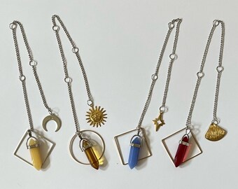 Cosmic Crystal Point Bookmark, Celestial Mars Pole Star Sun Moon Pendant Bookmark, Witchy Crystal Bookmark, Metal Chain Pendulum Bookmark