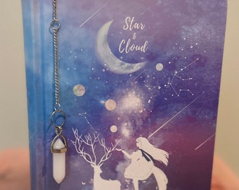 Minimalist White Crystal Point Bookmark, Natural Stone Moon Crystal Pendant Bookmark, Metal Chain Pendulum Bookmark, Witchy Crystal Bookmark