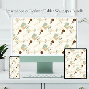 May include: A set of three digital wallpapers featuring a beige background with a repeating pattern of brown circles, green leaves, and tan geometric shapes. The wallpapers are displayed on a desktop computer, tablet, and smartphone.