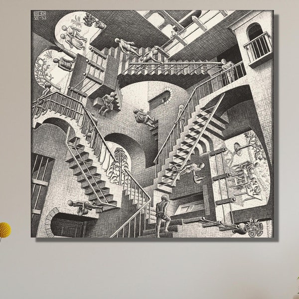 Relativity by Maurits Cornelis Escher Ready To Hang Canvas,M C ESCHER relativity Painting Canvas Print,Reproduction Modern Artwork Abstract