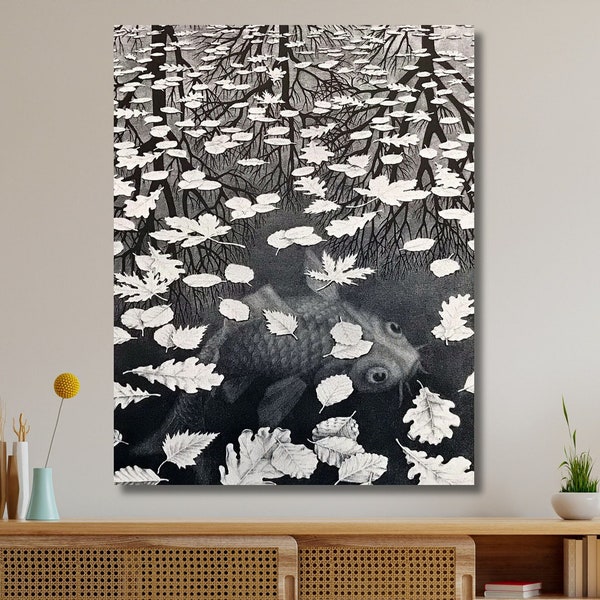 Three Worlds 1955 by Maurits Cornelis Escher Canvas Ready To Hang,Drawing Hands Poster,Drawing Hands Painting,Abstract Canvas Decor Wall Art