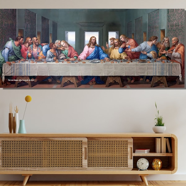 Laatste avondmaal klaar om canvas op te hangen, kleurrijk het laatste avondmaal poster, Leonardo Da Vinci laatste avondmaal, Jezus Christus laatste avondmaal canvas poster print