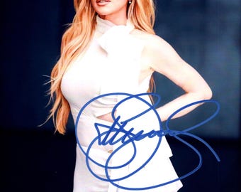 Lindsay Lohan con vestido Glamour, foto firmada y autógrafa, auténtica, 8 x 10 cm.