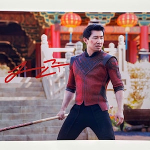 May include: A photograph featuring a man in a red and black outfit holding a wooden staff. The background includes a traditional Asian architectural setting with red lanterns and steps. The image has a red signature.