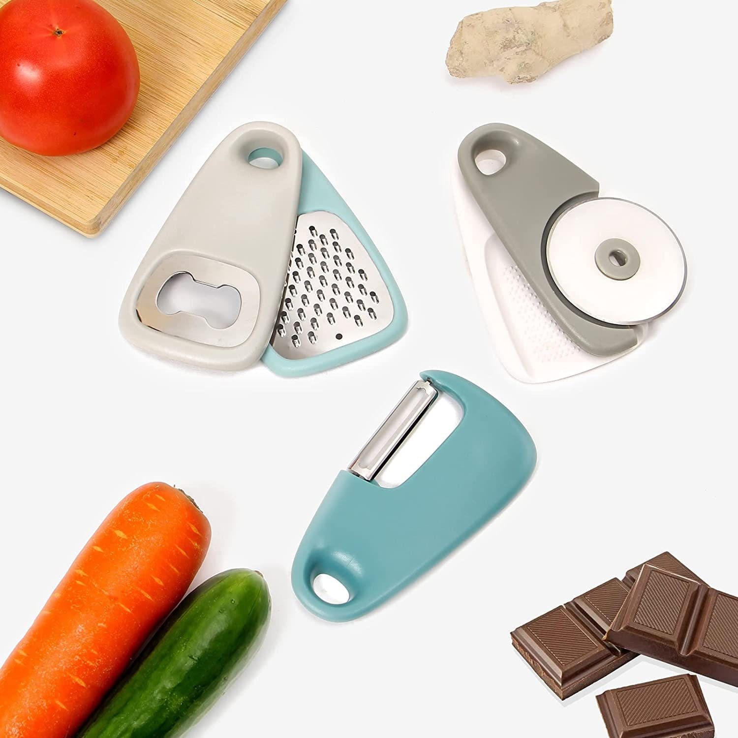 5 Pieces Kitchen Gadgets Set - Space Saving Cooking Tools Accessories Cheese Chocolate Grater, Fruit Vegetable Peeler, Bottle Opener, Pizza Cutter, Bu