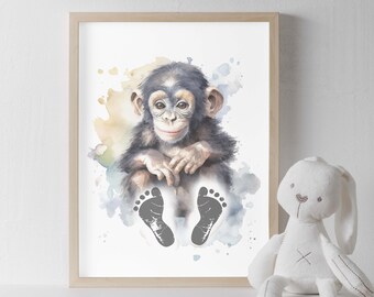 Baby Footprint Art, Nursery Keepsake, Monkey Watercolor (PDF Download)