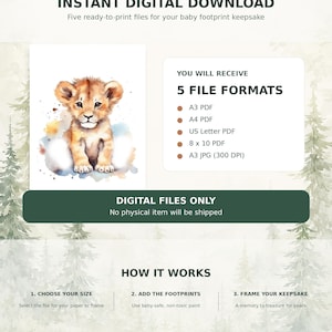 May include: A digital download listing for a baby footprint keepsake featuring a watercolor lion cub illustration. The text includes INSTANT DIGITAL DOWNLOAD, YOU WILL RECEIVE 5 FILE FORMATS including A3, A4, US Letter, 8 x 10 PDF, and A3 JPG.