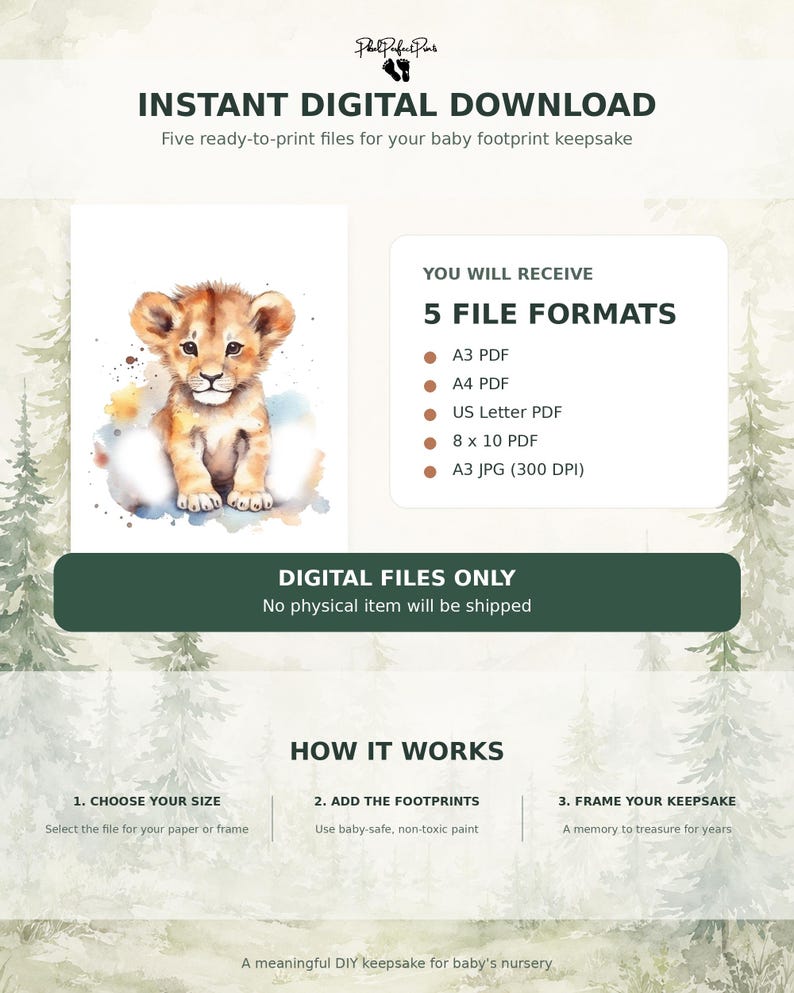 May include: A digital download listing for a baby footprint keepsake featuring a watercolor lion cub illustration. The text includes INSTANT DIGITAL DOWNLOAD, YOU WILL RECEIVE 5 FILE FORMATS including A3, A4, US Letter, 8 x 10 PDF, and A3 JPG.