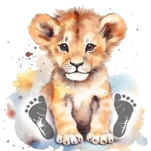 May include: Watercolor painting of a cute lion cub sitting with its paws up, surrounded by watercolor splatters. The lion cub has a light brown coat and big, dark eyes. There are two gray footprints on either side of the cub.