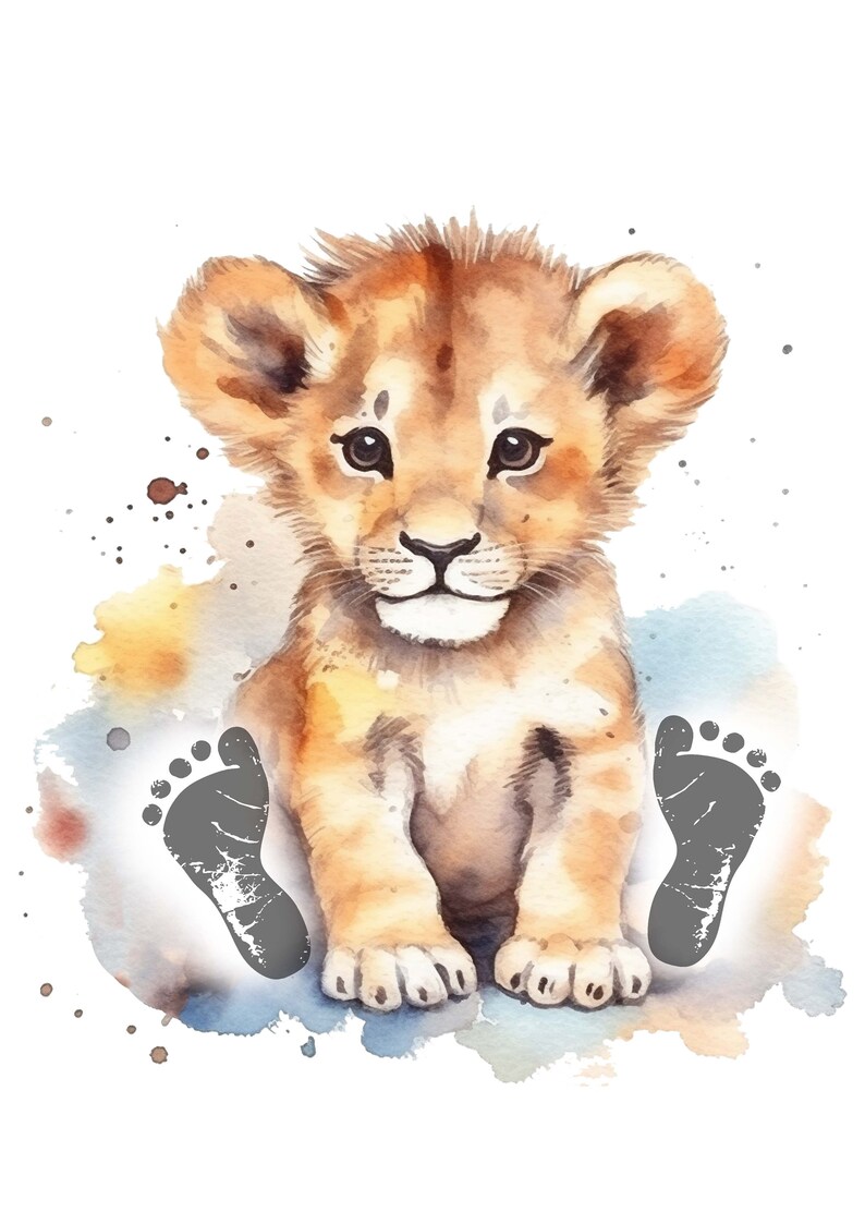 May include: Watercolor painting of a cute lion cub sitting with its paws up, surrounded by watercolor splatters. The lion cub has a light brown coat and big, dark eyes. There are two gray footprints on either side of the cub.