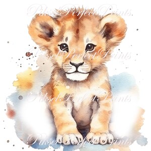 May include: A watercolor painting of a cute lion cub with big brown eyes. The cub is sitting on a blue and yellow watercolor background.