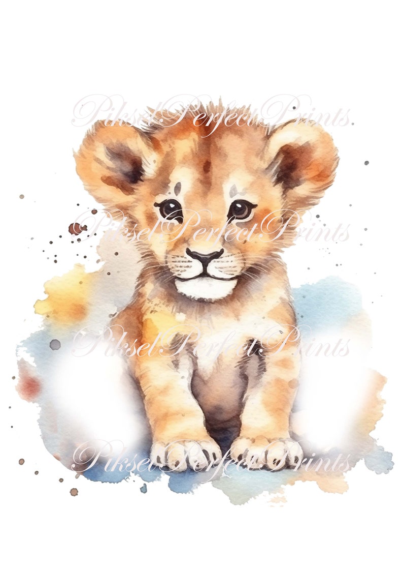 May include: A watercolor painting of a cute lion cub with big brown eyes. The cub is sitting on a blue and yellow watercolor background.