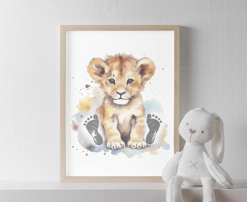 May include: A watercolor painting of a cute lion cub sitting with its paws up, surrounded by watercolor splatters. The lion cub has a light brown coat and a white chest. The background is a light blue with yellow and gray watercolor splatters. The lion cub's paw prints are visible in the watercolor splatters.