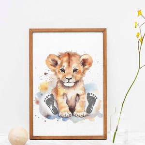 May include: A watercolor painting of a lion cub sitting with its paws in the air. The cub is surrounded by a watercolor background of blue, yellow, and orange. The cub's footprints are visible in the painting.