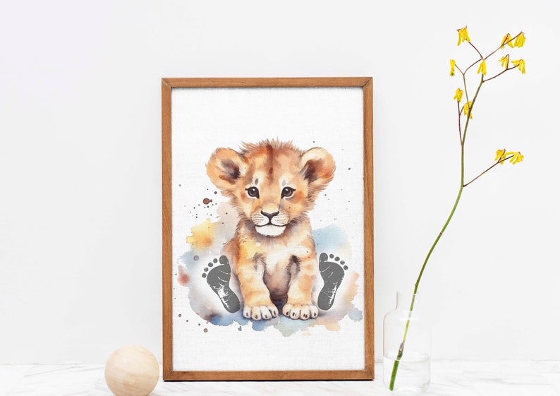 May include: A watercolor painting of a lion cub sitting with its paws in the air. The cub is surrounded by a watercolor background of blue, yellow, and orange. The cub's footprints are visible in the painting.