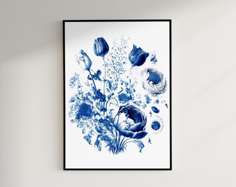 Delft Blue Prints Floral Poster | Blue and White Flowers | Dutch Vintage Design | Museum-quality posters | P001