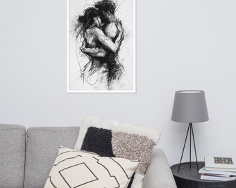 Love Framed poster | Intimate Couple Black and White Drawing | Romantic Art Decor | Bedroom Art | Lovers | Kiss | Valentines Gift