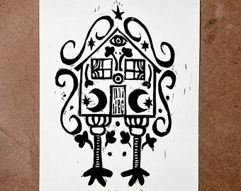 Baba Yaga original hand printed linocut 5 x 7 print
