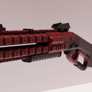 Può includere: Un fucile a pompa futuristico rosso e nero dal design complesso. L'arma presenta più canne, una guida superiore e un'impugnatura strutturata. L'estetica generale suggerisce un tema fantascientifico o videoludico.
