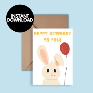 Biglietto d'auguri stampabile per bambini di buon compleanno Download immediato Biglietto digitale Biglietto d'auguri per bambini Coniglietto Coniglio Cartoon 5 per 7 PNG PDF
