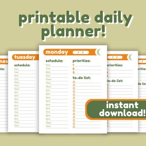 Puede incluir: Un conjunto de páginas imprimibles de planificador diario con un esquema de color verde y naranja. Las páginas están etiquetadas con los días de la semana e incluyen secciones para horarios, prioridades y listas de tareas. También se ve la frase "¡descarga instantánea!"