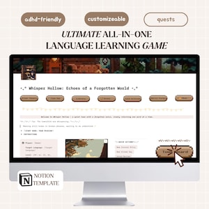 May include: A computer monitor shows a language learning game interface. The screen displays the text "ULTIMATE ALL-IN-ONE LANGUAGE LEARNING GAME" and "Whisper Hollow: Echoes of a Forgotten World." The interface includes interactive buttons and a cursor.